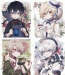  4boys animal_ears animal_on_shoulder cat commentary cup english_commentary flower highres holding holding_cup multiple_boys namiki_itsuki open_mouth original short_hair solo too_many too_many_cats 