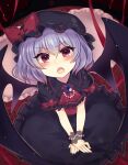  1girl :o absurdres alternate_color ascot bangs bat_wings black_dress black_headwear bow dress eyebrows_visible_through_hair fang from_above highres looking_at_viewer open_mouth purple_hair red_ascot red_bow red_eyes remilia_scarlet short_hair short_sleeves solo subaru_(subachoco) touhou v-shaped_eyebrows wings 