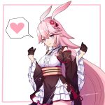  1girl absurdres animal_ears bangs bare_shoulders border brown_gloves flower fox_ears frills gloves grin hair_flower hair_ornament heart highres hn_(honyori_ta) honkai_(series) honkai_impact_3rd japanese_clothes kimono long_hair long_sleeves looking_at_viewer open_mouth pink_border pink_hair red_flower simple_background smile solo spoken_heart violet_eyes white_background yae_sakura 