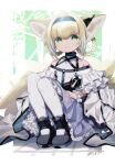  1girl animal_ears arknights black_footwear blonde_hair blue_hairband blue_skirt blush braid breasts closed_mouth coat commentary earpiece eyebrows_visible_through_hair fox_ears fox_girl fox_tail frilled_coat frilled_skirt frills full_body green_eyes hair_rings hairband id_card infection_monitor_(arknights) knees_to_chest leotard looking_at_viewer medium_hair mtk_(souko) multicolored_hair multiple_tails oripathy_lesion_(arknights) pantyhose shoes signature sitting skirt small_breasts smile solo suzuran_(arknights) tail torn_clothes torn_legwear two-tone_hair white_coat white_hair white_legwear white_leotard 