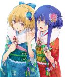  2girls :d alternate_hairstyle bell blonde_hair blue_bow blue_eyes blue_hair blue_kimono bow feather_boa floral_print furude_rika hair_bow hair_bun half_updo highres higurashi_no_naku_koro_ni houjou_satoko japanese_clothes jingle_bell kimono lace-trimmed_bow lace_trim maromi_(am97) multiple_girls new_year obi red_kimono sash sidelocks sideways_glance smile tassel violet_eyes 