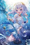  1girl absurdres bangs blue_eyes blue_hair blush fish_tail gawr_gura hair_ornament highres hololive hololive_english looking_at_viewer multicolored_hair open_mouth polearm pongu shark_tail sharp_teeth silver_hair smile solo streaked_hair tail teeth trident underwater virtual_youtuber weapon 