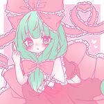  1girl bangs blush bow commentary_request deformed dress expressionless eyebrows_visible_through_hair eyes_visible_through_hair frilled_dress frilled_ribbon frilled_sleeves frills front_ponytail green_eyes green_hair green_nails hair_bow hair_ribbon heart heart-shaped_pupils heart_of_string highres kagiyama_hina lolita_1105_15 long_dress medium_hair open_mouth puffy_short_sleeves puffy_sleeves red_dress red_ribbon ribbon short_sleeves solo symbol-shaped_pupils touhou upper_body 