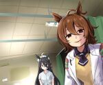  2girls agnes_tachyon_(umamusume) ahoge animal_ears bangs black_hair black_necktie brown_hair ceiling_light collared_shirt earrings horse_ears indoors jewelry jitome labcoat long_hair looking_at_viewer manhattan_cafe_(umamusume) metal_gear_(series) metal_gear_solid_v multicolored_hair multiple_girls necktie open_mouth pen privacy_screen scene_reference shirt short_necktie short_sleeves single_earring smile solid_eyes streaked_hair sweater tenten_(chan4545) umamusume upper_body white_shirt yellow_sweater 