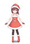  1girl bangs bare_shoulders black_legwear blush boots brown_hair christmas dress eyebrows_visible_through_hair full_body fur-trimmed_dress fur_trim gloves hat highres kuramoto_takato looking_at_viewer machikado_mazoku medium_dress medium_hair pantyhose red_dress red_footwear red_gloves red_headwear santa_boots santa_dress santa_gloves santa_hat simple_background solo standing violet_eyes white_background yoshida_ryouko 