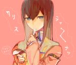  bangs blue_eyes commentary_request dress_shirt eating food holding jacket kitaya long_hair looking_at_viewer makise_kurisu necktie pink_background portrait pudding red_neckwear redhead shirt simple_background steins;gate translation_request utensil_in_mouth white_shirt 