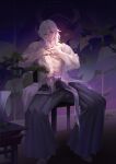 1boy abs absurdres armlet blurry bonsai chair depth_of_field earrings facial_mark green_nails hair_down hakama hands_up highres indoors interlocked_fingers japanese_clothes jewelry kimetsu_no_yaiba long_sleeves looking_at_viewer male_focus medium_hair multicolored_nails multiple_earrings nail_polish navel open_clothes open_shirt own_hands_together pleated_pants red_nails sash see-through shirt sitting smile solo stool sunlight tabit tatami toned toned_male uzui_tengen violet_eyes wallpaper_(object) white_hair white_legwear white_shirt zm-panda- zouri 