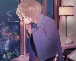  1boy blonde_hair chain cigarette closed_eyes from_side hunter_x_hunter indoors jacket jacket_on_shoulders kigchi kurapika male_focus night otoko_no_ko short_hair smoking solo window 