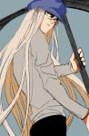  1boy hat holding holding_weapon hunter_x_hunter kilva_lollop kite_(hunter_x_hunter) long_hair long_sleeves male_focus scythe shaded_face simple_background solo sweater weapon white_hair 
