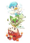 :d apple artist_name blue_eyes bubble dated fangs fire food fruit fuecoco leaf matchaneko mouth_hold open_mouth parted_lips pokemon quaxly smile sprigatito starter_pokemon_trio symbol-only_commentary white_background 