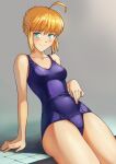  1girl ahoge artoria_pendragon_(fate) blonde_hair blue_swimsuit breasts collarbone cowboy_shot fate/grand_order fate/stay_night fate_(series) green_eyes hair_bun highres looking_at_viewer saber school_swimsuit shinsaku_(stan-art) sitting small_breasts solo swimsuit 