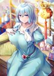  1girl \||/ bangs blue_eyes blue_hair blurry blurry_background book breasts chair closed_mouth eyebrows_visible_through_hair flower hair_between_eyes hair_ornament hair_rings hair_stick hand_on_own_chest highres kaku_seiga large_breasts looking_at_viewer mirufui pink_flower purple_nails short_hair short_sleeves sitting solo touhou vase vest white_vest 