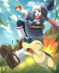  1girl :d akari_(pokemon) black_hair black_legwear blush brown_footwear clouds cyndaquil day eyelashes fire grass grey_eyes grey_jacket grey_skirt head_scarf holding holding_poke_ball jacket long_hair loose_socks omu_kichi open_mouth outdoors pantyhose poke_ball poke_ball_(legends) pokemon pokemon_(creature) pokemon_(game) pokemon_legends:_arceus ponytail shoes sidelocks skirt sky smile teeth tongue white_headwear white_legwear 