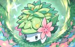  animal_focus closed_mouth commentary_request flower green_eyes green_fur hyou_(hyouga617) no_humans pink_flower pokemon pokemon_(creature) shaymin shaymin_(land) smile solo sparkle standing 
