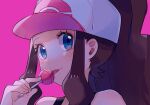  1girl bare_shoulders baseball_cap black_vest blue_eyes blush brown_hair candy eating eyelashes food hand_up hat high_ponytail hilda_(pokemon) holding holding_candy holding_food holding_lollipop licking lollipop long_hair looking_to_the_side pink_background pink_headwear pokemon pokemon_(game) pokemon_bw ririmon sidelocks simple_background solo tongue tongue_out two-tone_headwear upper_body vest white_headwear 