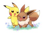  :3 animal_focus blue_flower blush_stickers brown_eyes commentary_request eevee flower full_body grass happy looking_at_viewer no_humans one_eye_closed open_mouth outdoors pikachu pokemon pokemon_(creature) purple_flower simple_background smile suzumusi114 violet_eyes white_background 