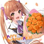  1girl birthday blush bouquet bow earrings flower hair_bow happy_birthday jewelry long_hair looking_at_viewer orange_hair pale_skin pensuke petals pure_project purple_bow smile solo tsukinoki_seira twintails white_background yellow_eyes 