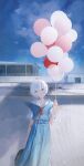  1girl ayanami_rei balloon blue_hair blue_sky clouds cloudy_sky highres looking_at_viewer neon_genesis_evangelion red_eyes school_uniform sky tokyo-3_middle_school_uniform_(evangelion) tueu7573 