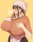  1girl apron artist_name breasts breath brown_hair chichi8181 closed_eyes collarbone feet_out_of_frame hands_on_own_breasts hands_up highres huge_breasts lips long_hair mature_female mole mole_under_eye open_mouth original short_sleeves sidelocks simple_background solo tenugui tongue yellow_background 