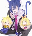  animal_ears blonde_hair blue_eyes blue_hair bow cat_boy cat_ears cat_tail hair_bow highres kagamine_len kagamine_rin kaito_(vocaloid) male_focus na_ta53 nail_polish necktie project_sekai school_uniform tail vocaloid yawning 