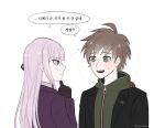  1boy 1girl ahoge artist_name bangs black_gloves black_jacket black_ribbon brown_eyes brown_hair danganronpa:_trigger_happy_havoc danganronpa_(series) eyebrows_visible_through_hair from_side gloves hair_ribbon hand_up highres hood hood_down jacket kirigiri_kyouko long_hair long_sleeves looking_at_another naegi_makoto notice_lines open_clothes open_jacket ribbon riku_(liku202201) shiny shiny_hair simple_background speech_bubble sweat teeth translation_request upper_teeth violet_eyes white_background 