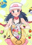  1girl :o ? bag beanie berry_(pokemon) black_hair black_shirt blush bracelet commentary_request duffel_bag eyelashes glint grey_eyes hair_ornament hairclip hat hikari_(pokemon) holding holding_bag jewelry level_ball long_hair looking_at_viewer love_ball max_revive nest_ball open_bag open_mouth pink_skirt poke_ball poke_ball_(basic) poke_ball_print pokemon pokemon_(game) pokemon_dppt poketch potion_(pokemon) quick_ball red_scarf repeat_ball revive_(pokemon) ririmon scarf shirt skirt sleeveless sleeveless_shirt solo tongue ultra_ball watch watch white_headwear yellow_bag 