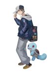  1boy absurdres alternate_costume bag black_legwear brown_hair closed_mouth commentary_request crocs full_body grey_pants hand_on_headwear hand_up hat highres hood hooded_jacket jacket male_focus pants pokemon pokemon_(creature) pokemon_(game) pokemon_rgby red_(pokemon) short_hair simple_background socks spiky_hair squirtle standing white_background yasaikakiage 
