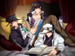  3boys black_coat black_hair book chain coat diamond_wa_kudakenai duplicate gakuran green_eyes hat jojo_no_kimyou_na_bouken kujo_jotaro less_end long_coat male_focus multiple_boys multiple_persona older on_bed pixel-perfect_duplicate purple_coat reading school_uniform shoulder_belt snake_print star_(symbol) stardust_crusaders stone_ocean turtleneck white_coat 