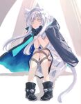  1girl animal_ears arknights cat_ears cat_girl cat_tail cloak dress hands_on_own_chin head_rest hood hood_down hooded_cloak infection_monitor_(arknights) looking_at_viewer rosmontis_(arknights) short_sleeves sitting solo tail toriyoshi white_dress white_hair yellow_eyes 