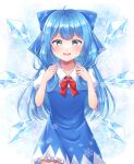  1girl alternate_hair_length alternate_hairstyle bangs blue_background blue_bow blue_dress blue_eyes blue_hair blush bow breasts cirno collarbone collared_shirt commentary_request dress eyebrows_visible_through_hair fang frills hands_up highres ice ice_wings long_hair looking_at_viewer medium_breasts open_mouth puffy_short_sleeves puffy_sleeves shirt short_sleeves sidelocks smile snowflakes solo standing tongue touhou uotarema white_background white_shirt wings 