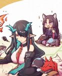  &quot;smarty&quot;_(arknights) 1girl :d animal_ears arknights arm_tattoo bitey_(arknights) black_collar black_hair blush breasts chibi collar colored_skin dog_ears dog_girl dog_tail dragon dragon_horns dress dusk_(arknights) ear_piercing eyebrows_visible_through_hair facial_mark flying_sweatdrops forehead_mark green_hair green_skin hair_over_one_eye hand_up head_rest holding holding_paintbrush horns large_breasts long_hair long_sleeves multicolored_hair necktie open_mouth paintbrush painting pants petting piercing pointy_ears purple_pants purple_shirt red_eyes red_necktie saga_(arknights) seiza shirt sitting sleeveless sleeveless_dress smile solo sparkle squiggle streaked_hair tail tattoo unamused very_long_hair violet_eyes white_dress wide_sleeves yodo_rado 