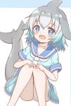 1girl :d animal_ears blue_background blue_dress blue_eyes blue_hair blue_sailor_collar blush breasts cetacean_tail choker collarbone commentary_request common_bottlenose_dolphin_(kemono_friends) dress feet_out_of_frame grey_hair hands_on_own_knees highres kemono_friends knees_together_feet_apart knees_up long_hair looking_at_viewer medium_breasts multicolored_hair neckerchief panties sailor_collar sailor_dress short_sleeves sitting smile solo sunanuko_(ramuneko) tail two-tone_background two-tone_hair underwear white_background white_choker white_neckerchief white_panties
