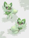 :d commentary_request fangs green_fur happy highres looking_up multiple_views no_humans open_mouth pokemon pokemon_(creature) ruu_(4rurui) smile sprigatito standing tongue white_background 