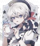  1boy animal_on_shoulder bottle cat drink english_commentary food hat highres holding looking_at_animal looking_at_object milk milk_bottle namiki_itsuki open_mouth original silver_hair symbol-only_commentary teeth tongue tongue_out watch watch 