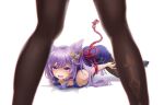  2girls absurdres bdsm black_legwear bondage bound breasts choker double_bun dress ganyu_(genshin_impact) genshin_impact hair_bun hair_ornament hairclip highres keqing_(genshin_impact) legs lying multiple_girls on_stomach open_mouth out_of_frame pantyhose purple_hair restrained simple_background sleeveless sleeveless_dress standing twintails violet_eyes white_background yuri 