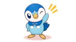 arm_up blue_cape blue_eyes cape closed_mouth commentary_request happy looking_at_viewer no_humans notice_lines official_art one_eye_closed piplup pokemon pokemon_(creature) project_pochama smile solo standing toes white_background 