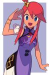  1girl :d armlet bangs blue_eyes border china_dress chinese_clothes commentary_request dress eyelashes grey_background hair_ornament hand_up highres looking_at_viewer official_alternate_costume one_side_up open_mouth pokemon pokemon_(game) pokemon_masters_ex purple_dress redhead short_hair_with_long_locks sidelocks skyla_(pokemon) smile solo tied_hair tongue tyako_089 white_border wristband 