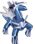  af_(afloatisland) black_sclera claws colored_sclera commentary_request dialga fangs highres looking_up no_humans open_mouth pokemon pokemon_(creature) red_eyes simple_background tongue white_background 