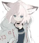  ! 1girl animal_ears arknights black_choker blue_eyes blue_shirt brown_hair choker coat extra_ears eyebrows_visible_through_hair fox_ears gloves hair_between_eyes hand_up hooded_coat looking_at_viewer open_clothes open_coat sanma_(tabet_) shirt short_hair simple_background solo sussurro_(arknights) white_background white_coat white_gloves 