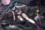  1other 2girls :| absurdres armpit_crease bangs bare_shoulders black_bra black_capelet black_footwear black_gloves black_hair black_legwear black_rock_shooter black_rock_shooter_(character) black_rock_shooter_(dawn_fall) black_skirt black_wings blood blue_eyes bodysuit bra breasts broken broken_chain building capelet chain closed_mouth commentary copyright_request crop_top dead_master eyebrows_behind_hair flying foreshortening full_body full_moon gloves glowing glowing_eyes green_eyes green_hair hair_between_eyes highres horns hyun9164 kneehighs large_wings legs long_hair long_horns looking_at_another medium_breasts midriff moon multiple_girls navel night night_sky outstretched_arm red_footwear scratches shirt short_shorts shorts skirt sky sleeveless sleeveless_shirt star_(sky) twintails underwear wide_shot wings 