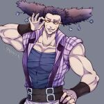  1boy adjusting_eyewear alessi bell brown_hair hair_bell hair_ornament hand_on_hip jojo_no_kimyou_na_bouken male_focus muscular muscular_male one_eye_closed pectorals plaid solo stardust_crusaders sunglasses suspenders tanakaoften 