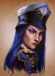  1girl arcane:_league_of_legends arcane_caitlyn artist_name bangs black_headwear blue_hair brown_background caitlyn_(league_of_legends) closed_mouth cropped_shoulders english_commentary gradient gradient_background hat inna_vjuzhanina league_of_legends long_hair looking_at_viewer looking_to_the_side police police_hat police_uniform policewoman solo uniform white_headwear 