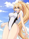  1girl abu blonde_hair blue_eyes blue_sky breasts clouds commentary_request competition_swimsuit cowboy_shot day fate/apocrypha fate/grand_order fate_(series) highleg highleg_swimsuit highres jeanne_d&#039;arc_(fate) jeanne_d&#039;arc_(fate/apocrypha) jeanne_d&#039;arc_(swimsuit_archer)_(fate) large_breasts long_hair looking_at_viewer one-piece_swimsuit ponytail sky solo standing swimsuit white_swimsuit 