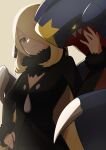  1girl anmitu611 black_coat black_sclera blonde_hair claws closed_mouth coat colored_sclera commentary_request cynthia_(pokemon) eyelashes fur-trimmed_coat fur_collar fur_trim garchomp glowing glowing_eyes grey_eyes hair_over_one_eye hand_up highres long_hair long_sleeves pokemon pokemon_(creature) pokemon_(game) pokemon_dppt smile yellow_eyes 
