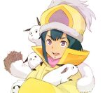  1girl ana_medaiyu animal coat fur_trim gloves green_hair hat kei-co looking_at_viewer open_mouth overman_king_gainer short_hair simple_background smile solo violet_eyes white_background 