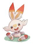  :d arm_support bandaid bandaid_on_face bandaid_on_nose black_eyes commentary_request full_body highres kikuyoshi_(tracco) looking_at_viewer no_humans open_mouth pokemon pokemon_(creature) scorbunny sitting smile solo teeth toes tongue upper_teeth white_background 