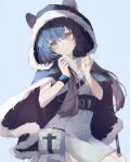  1girl absurdres animal_ears arknights blue_background blue_cape blue_hair bracelet brown_hair cape corset dress ears_through_headwear eyebrows_visible_through_hair fur-trimmed_cape fur_trim highres hood hood_up infection_monitor_(arknights) jewelry long_hair looking_at_viewer low_twintails multicolored_hair original parted_lips pouch simple_background sitting twintails two-tone_hair white_dress yellow_eyes yiyizi 