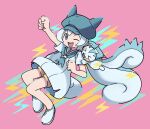  1girl ;d absurdres aqua_headwear arm_up bangs clenched_hand commentary_request creature_and_personification dress hat highres looking_at_viewer one_eye_closed open_mouth pachirisu personification pink_background pokemon pokemon_(creature) sailor_collar shoes short_sleeves shorts smile sutokame teeth tongue upper_teeth white_dress white_footwear yellow_shorts 