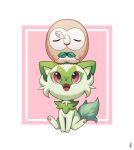  :d border closed_eyes closed_mouth commentary_request fangs framed korean_text looking_up mongguri no_humans nose_bubble on_head open_mouth pink_background pokemon pokemon_(creature) pokemon_on_head red_eyes rowlet sitting sleeping smile sprigatito tongue white_border 