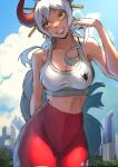  1girl adapted_costume alternate_costume blue_sky breasts city cityscape clouds exercise funi_xd hair_ornament hair_stick highres horns long_hair medium_breasts modern_architecture one_piece red_horns red_shorts shorts sky smile tank_top tied_hair tree white_tank_top yamato_(one_piece) 